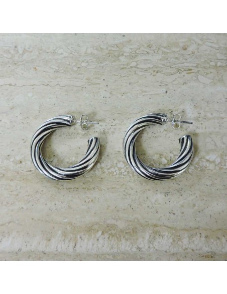  925 Sterling Silver Thick Torchon Hoop Earrings Diameter 1,18''