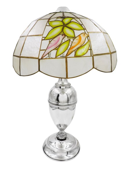 Solid Silver Table Lamp with Tiffany Style Birds Lampshade