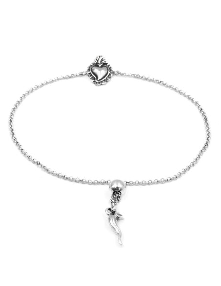 Bracciale Sacro Cuore con Chiusura Sfera a Scorrimento e Corno Portafortuna in Argento 