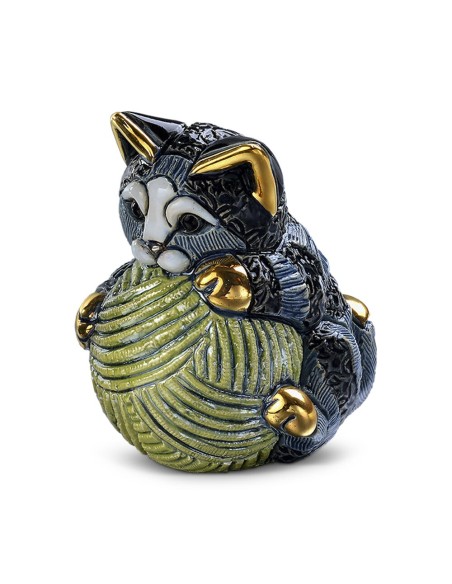 Striped Cat with Yarn Ball Ceramic Sculpture De Rosa Rinconada