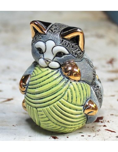 Gestreifte Katze mit Wollknäuel Keramikskulptur...