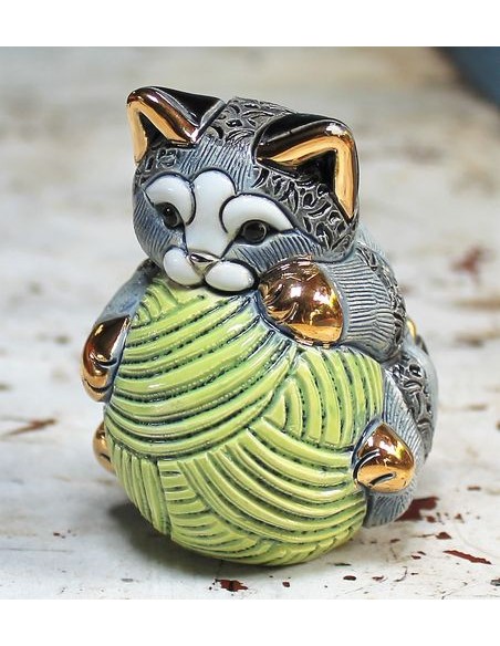 Gestreifte Katze mit Wollknäuel Keramikskulptur De Rosa Rinconada