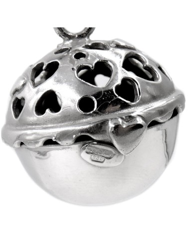 Solid Silver Necklace with Hearts Rattle Pendant 