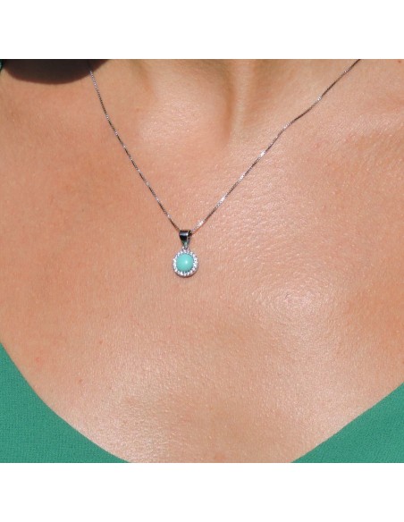 Sterling Silver Necklace with Turquoise Stone Pendant and White Zircons