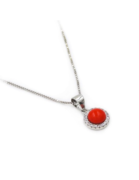 925 Sterling Silver Necklace with Red Coral and White Zircons