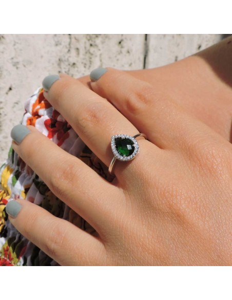 925 Sterling Silver Ring with Pear Cut Green Stone