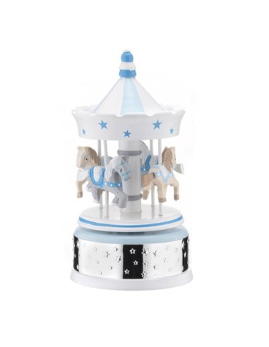 Blue and White Carousel Music Box with Horses and Silver Band