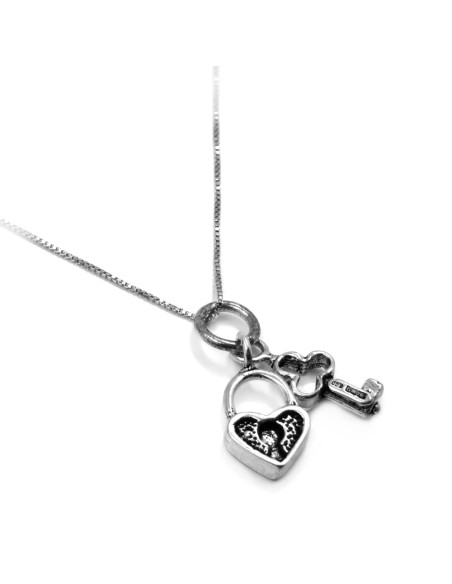 Sterling Silver Padlock and Key Pendants Necklace 