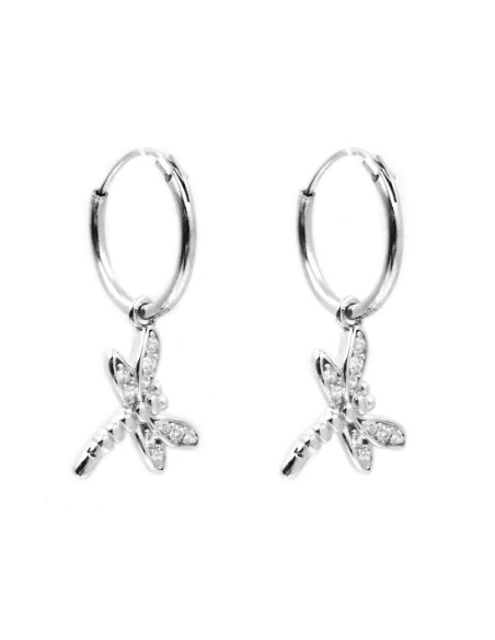Orecchini Cerchio con Pendente Libellula in Argento 925 e Zirconi Bianchi