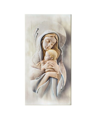 Quadro Madonna con Bambino su Legno con Applicazioni in Argento 
