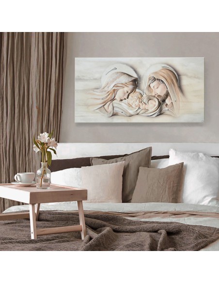 Holy Family Painting on Wooden Panel with Silver Decorations