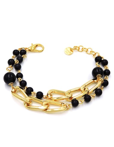 Gold Plated Bronze Chain Bracelet with Black Round Stones