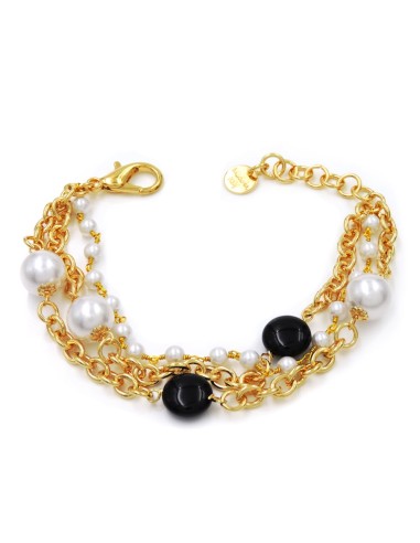 Gold Plated Bronze Oval Chain Bracelet with Pearls and Onyx