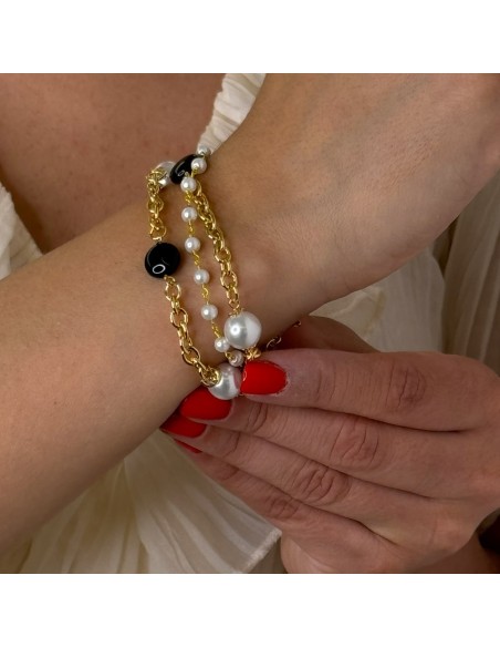 Ovales Kettenarmband aus Goldener Bronze mit Perlen und Onyx