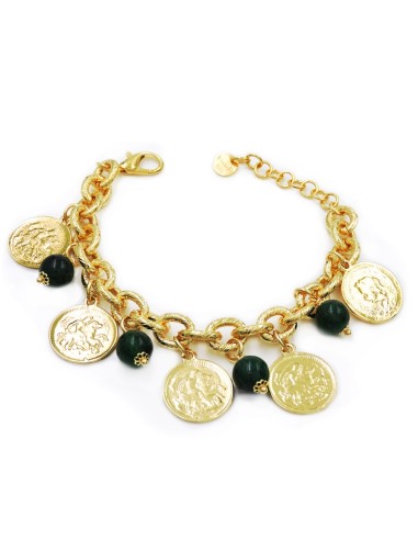 Oval Chain Bracelet with Coin Pendants and Green Stones