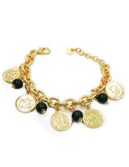 Ovales Kettenarmband mit Münzanhänger und Grünen Steinen