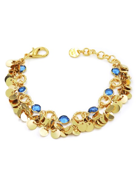 Bracciale Dorato con Medagliette Tonde Pendenti e Pietre Blu