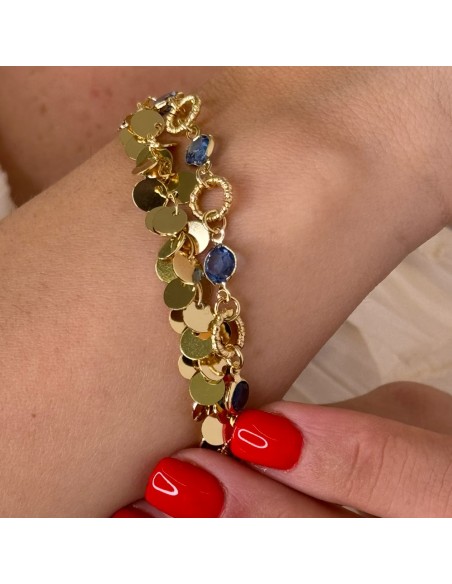 Goldenes Armband mit Runden Medaillenanhängern und Blauen Steinen