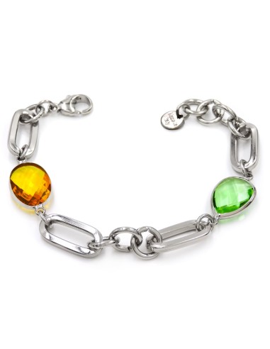 Rhodium-Plated Bronze Bracelet with Green and Orange Stone