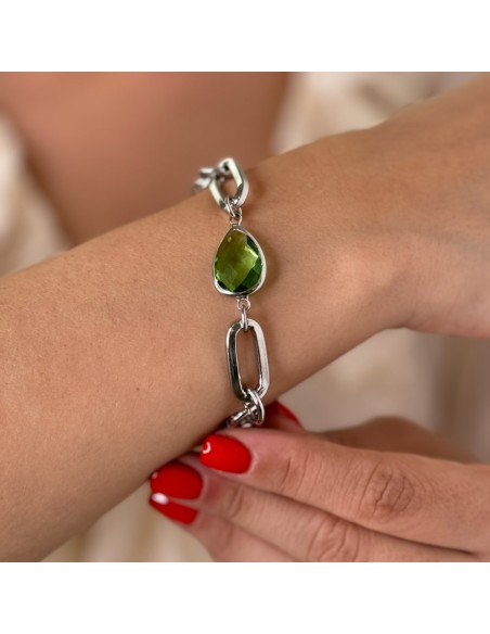 Rhodium-Plated Bronze Bracelet with Green and Orange Stone