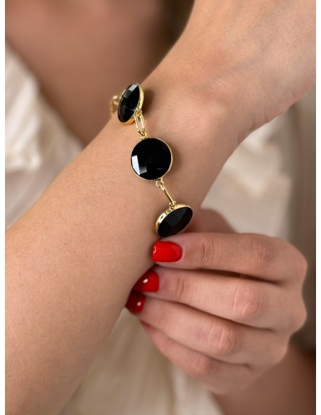 Golden Bracelet with Big Round Black Stones