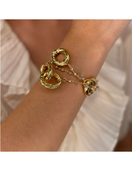 Ovales Torchon-Kettenarmband aus Goldener Bronze mit Grauen Steinen