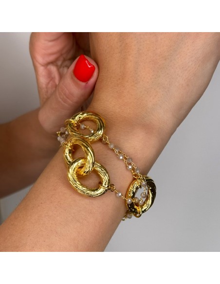 Ovales Torchon-Kettenarmband aus Goldener Bronze mit Grauen Steinen