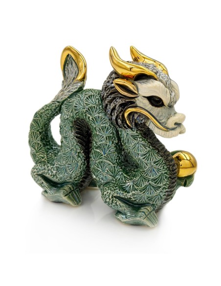 Dragone Cinese Verde Scultura in Ceramica De Rosa Rinconada 