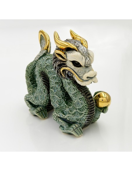 Dragone Cinese Verde Scultura in Ceramica De Rosa Rinconada 