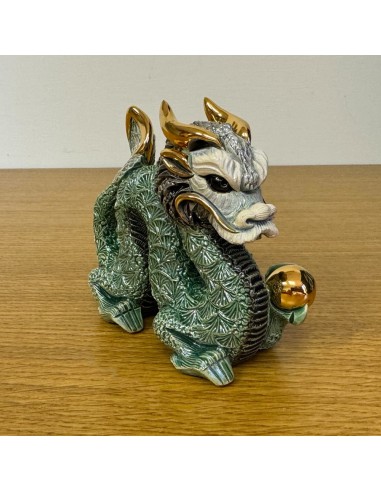 Dragone Cinese Verde Scultura in Ceramica De...