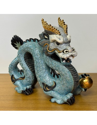 Dragone Cinese Blu Scultura in Ceramica...