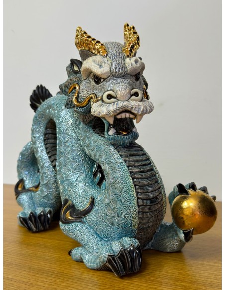 Dragone Cinese Blu Scultura in Ceramica Artistica Edizione Limitata