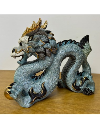 Dragone Cinese Blu Scultura in Ceramica...