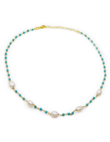 Collana in Argento Placcato Oro con Perle e Pietre Turchesi
