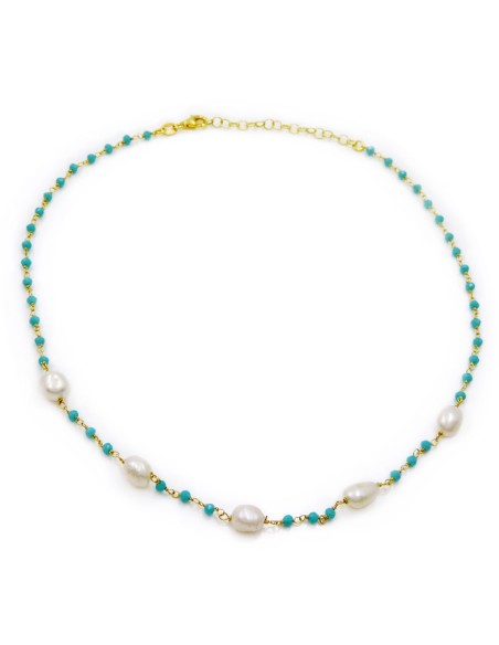 Collana in Argento Placcato Oro con Perle e Pietre Turchesi