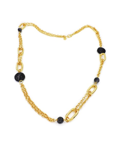 Collana Catena Ovale in Bronzo Dorato con Quarzo Grigio