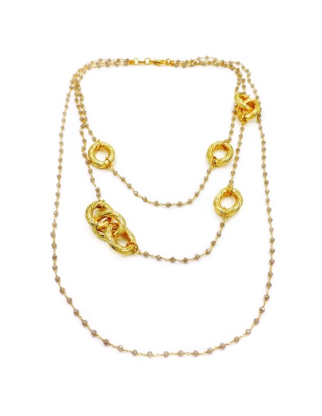 Collana con Anelli Ovali Torchon In Bronzo Dorato con Zirconi Grigi