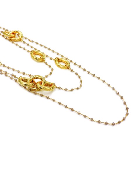 Collana con Anelli Ovali Torchon In Bronzo Dorato con Zirconi Grigi