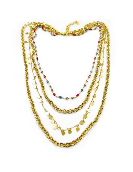Collana Multifilo con Catena Ovale Pietre Colorate e Medagliette Cuore