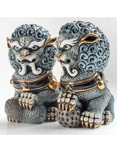 Leone Guardiano Imperiale Cinese Blu Scultura in Ceramica De Rosa Rinconada 