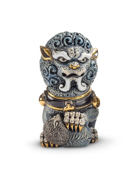 Leonessa Fu Guardiano Imperiale Cinese Blu Scultura in Ceramica De Rosa Rinconada 