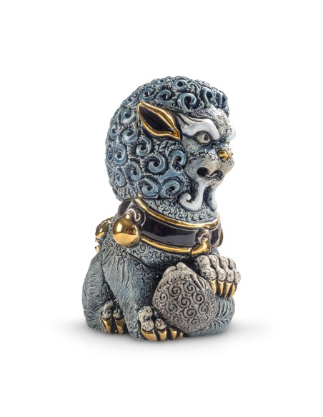 Leonessa Fu Guardiano Imperiale Cinese Blu Scultura in Ceramica De Rosa Rinconada 
