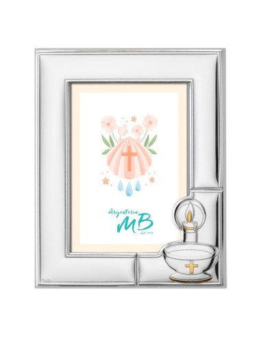 Customizable Silver Christening Picture Frame with Candle and Baptismal Font