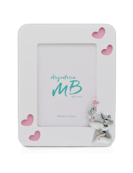Cornice Portafoto Nascita Bambina in Legno Bianco e Rosa con Elefantino