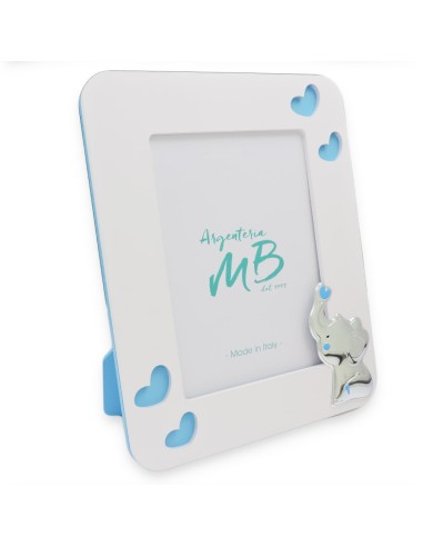 Cornice Portafoto Nascita Bambino in Legno Bianco e Azzurro con Elefantino