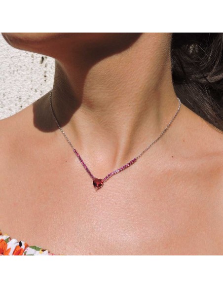 Collana Tennis in Argento 925 con Cuore Rosso