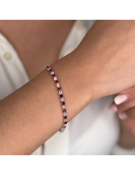 925 Sterling Silver Tennis Bracelet with White and Red Zircons 