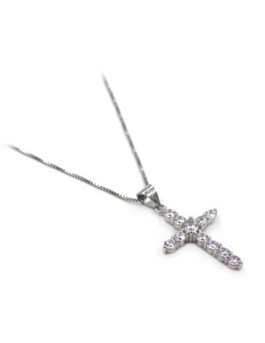 Sterling Silver Cross Necklace with White Zircons