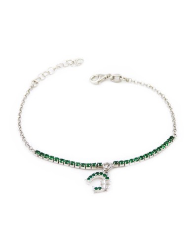 925 Sterling Silver Green Thin Tennis Bracelet with Horseshoe Pendant