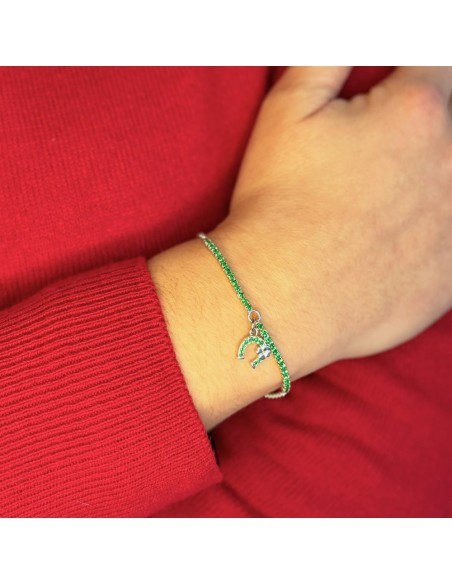 925 Sterling Silver Green Thin Tennis Bracelet with Horseshoe Pendant